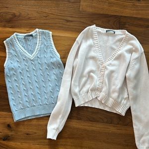 Brandy Melville sweater vest (blue) and cardigan sweater (light pink)